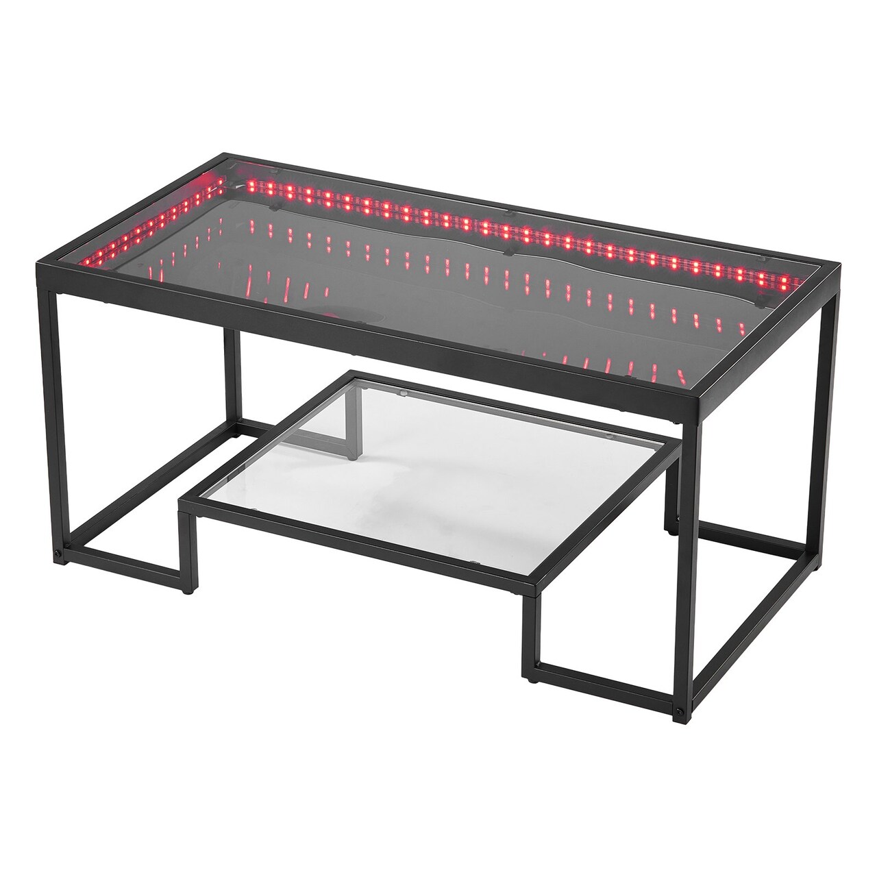 Black Carbon Steel Tempered Glass Coffee Table 2-Tier LED Lights